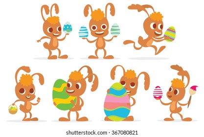 Vector cartoon image of a set of light brown Easter bunnies with orange forelocks in different poses with colorful Easter eggs on a white background. In the theme of Easter. Vector illustration.