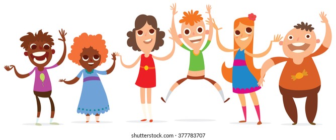 Vector cartoon image of a set of little boys and girls with a different hair color and skin in different clothes and in different poses on a white background. Summer, holidays. Vector illustration.