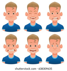 Vector cartoon image of a set of little boys with brown hair expressing various facial emotions: joy, happiness, bewilderment, anger, delight and sadness on a white background. Emotion, face, avatar.