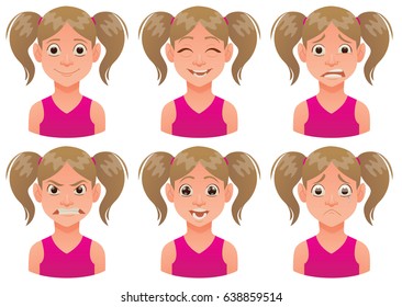 Vector cartoon image of a set of little girls with brown hair expressing various facial emotions: joy, happiness, bewilderment, anger, delight and sadness on a white background. Emotion, face, avatar.