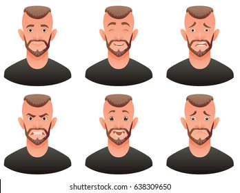 Vector cartoon image of a set of men with brown hair and beard expressing various facial emotions: joy, happiness, bewilderment, anger, delight and sadness on a white background. Emotion, face, avatar