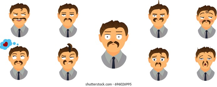 Vector cartoon image of a set men with brown hair expressing various facial emotions: deceit, gloom, determination, embarrassment, daydreaming, complacency, resentment, tiredness. Face, avatar.