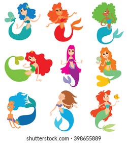 Vector cartoon image of a set of mermaids. Mermaids with a different hair color and tails. Mermaids with big eyes in various poses on a white background. Set of cartoon mermaids. Vector illustration.