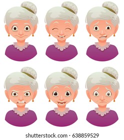 Vector cartoon image of a set of old women with gray hair expressing various facial emotions: joy, happiness, bewilderment, anger, delight and sadness on a white background. Emotion, face, avatar.