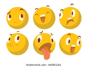 Vector cartoon image of a set of six various yellow emoticons expressing different feelings on a white background. Smiley face icons. Emoji. Vector illustration.