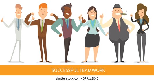Vector cartoon image of a set of successful business people - men and women, different looks, in different clothes, standing and smiling on a white background. Successful teamwork. Vector illustration
