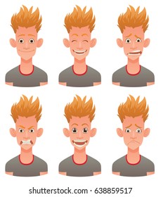 Vector cartoon image of a set of teenager boys with ginger hair expressing various facial emotions: joy, happiness, bewilderment, anger, delight and sadness on white background. Emotion, face, avatar.