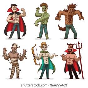 Vector cartoon image of a set of various handsome men in Halloween costumes: Dracula, zombie, werewolf, mummy, Elf and devil on a white background. Holiday, Halloween. Vector illustration.