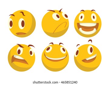 Vector cartoon image of a set of various yellow emoticons expressing different feelings on a white background. Smiley face icons. Emoji. Vector illustration.