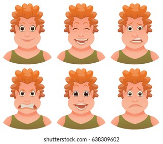 Vector cartoon image of a set of women with curly ginger hair expressing various facial emotions: joy, happiness, bewilderment, anger, delight and sadness on a white background. Emotion, face, avatar.