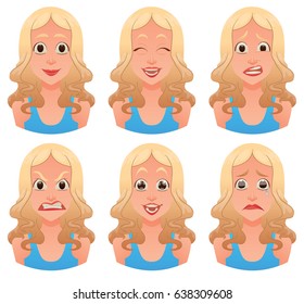 Vector cartoon image of a set of young women with blond hair expressing various facial emotions: joy, happiness, bewilderment, anger, delight and sadness on a white background. Emotion, face, avatar.