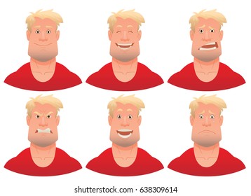 Vector cartoon image of a set of young men with blond hair expressing various facial emotions: joy, happiness, bewilderment, anger, delight and sadness on a white background. Emotion, face, avatar.