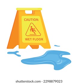 Vector cartoon image of the sign carefully wet floor. The concept of cleaning, washing, cleanliness and cleaning. Cute elements for your design.