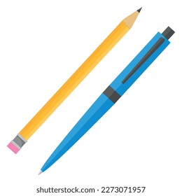 Vector cartoon image of a simple pencil and pen.  Bright educational elements for your design. The concept of study and work.