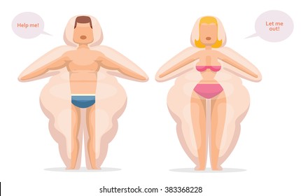 Vector cartoon image of a slender man with brown hair in blue trunks and woman with blond hair in a pink bathing suit locked in their own fat like a prison on a white background. Vector illustration.