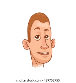 Vector cartoon image of a smiling man's head with big eyes and with short brown hair on a white background. The color image with a brown stroke. Vector illustration.