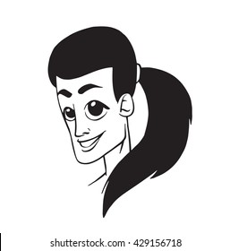 Vector cartoon image of a smiling woman's head with big eyes and dark hair gathered in a ponytail on a white background. Made in a monochrome style. Vector illustration.