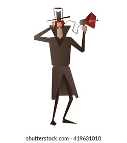 Vector cartoon image of a spy in a black coat, a hat and sunglasses in headphones with the device for wiretapping in hand on a white background. Surveillance, paranoia. Big brother is watching you.