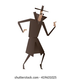 Vector cartoon image of a spy in a black coat, a hat and sunglasses sneaking on tiptoe somewhere on a white background. Espionage, surveillance, paranoia. Big brother is watching you.