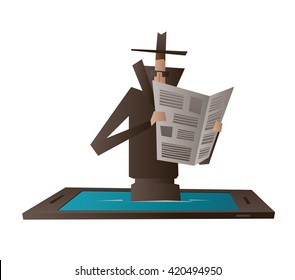 Vector cartoon image of a spy in a black coat, hat and sunglasses, coming out from a black-blue smartphone and hiding behind a newspaper spying on a white background. Spying, surveillance, paranoia.