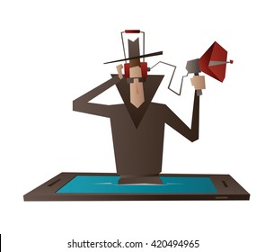 Vector cartoon image of a spy in a black coat, hat and sunglasses, with the device for wiretapping in hand coming out from a black-blue smartphone on a white background. Spying, surveillance, paranoia