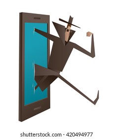 Vector cartoon image of a spy in a black coat, hat and sunglasses, running out of the black-blue smartphone on a white background. Spying, surveillance, paranoia. Vector illustration.