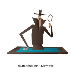 Vector cartoon image of a spy in a black coat, hat and sunglasses, with magnifying glass in his hand coming out from a black-blue smartphone on a white background. Spying, surveillance, paranoia. 