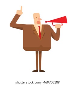 Vector cartoon image of a square bald businessman in a brown suit standing with a red megaphone in his hand on a white background. Geometric businessman. Vector business illustrations.