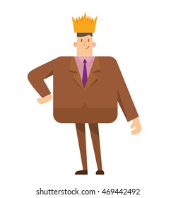 Vector cartoon image of a square businessman with black hair in a brown suit and with a golden crown on his head standing on a white background. Geometric businessman. 