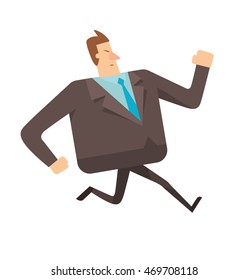 Vector cartoon image of a square businessman with brown hair in a black suit running somewhere on a white background. Geometric businessman. Vector business illustrations.