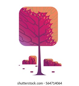 Vector cartoon image of a square red tree with brown trunk and branches, with small red bushes below on a white background. Nature, forest. Vector illustration.