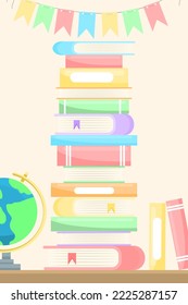 Vector cartoon image of a stack of folded books in a library or bookstore. Interior design for the home and for the children's room. The concept of education and study