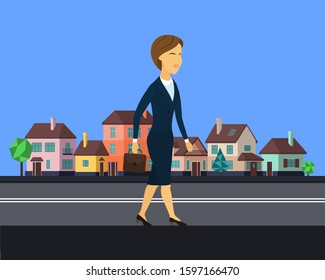 Vector cartoon image of successful European lady with briefcase. Business traveler against the background of the city. Business  trip. Woman in a blue suit walks the street with colorful houses.
