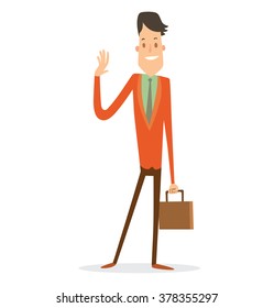 Vector cartoon image of a thin businessman with a black hair in brown trousers, green shirt and red jacket with brown briefcase in hand on a white background. Business illustration Vector illustration