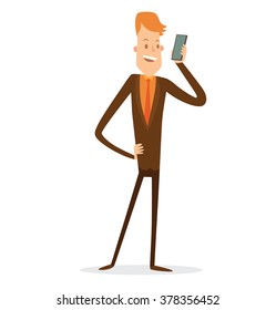 Vector cartoon image of a thin businessman with a ginger hair in a brown suit, orange shirt and tie, talking on the black smartphone on a white background. Business illustration. Vector illustration.