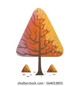Vector cartoon image of a triangular orange tree with a brown trunk and branches, with small triangular orange bushes below on a white background. Nature, forest. Vector illustration.