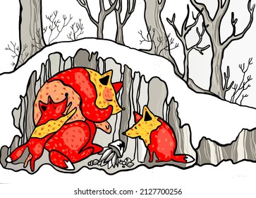 Vector cartoon image of two bright red fox cubs and a fox in a hole in winter under snow