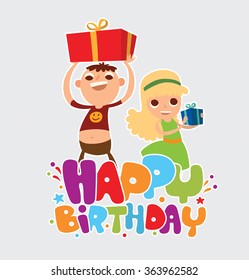 Vector cartoon image of two friends of girl and boy with gifts in hands rejoicing on a light background. The text of "Happy birthday" written in colorful letters with confetti. Vector illustration.