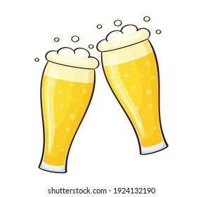 Vector cartoon image of two glasses of beer. Isolated over white background. Beer with froth and bubbles
