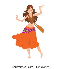 Vector cartoon image of a woman hippie. Woman hippie with long dark hair in a brown tank-top and orange skirt. Woman with a red ribbon in hair standing and smiling on a white background. Hippie woman.