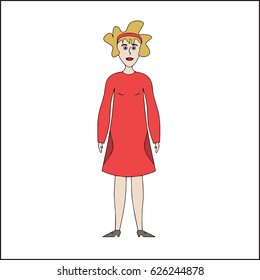 Vector cartoon image of woman in red dress. Fashion theme. (Can be used as texture for cards, invitations, DIY projects, web sites or for any other design.)