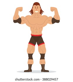 Vector cartoon image of a wrestler with brown hair in black shorts, knee pads, elbow pads and boots standing in a pose bodybuilder on a white background. Wrestling. Flat image. Vector illustration.