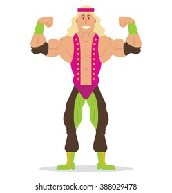 Vector cartoon image of a wrestler with long blond hair in a black-green pants, pink vest and green shoes standing in the pose of a bodybuilder on a white background. Wrestling. Vector illustration.