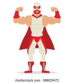 Vector cartoon image of a wrestler in red and white mask, red and white suit and red cloak standing in a pose bodybuilder and smiling on a white background. Wrestling. Flat image. Vector illustration.