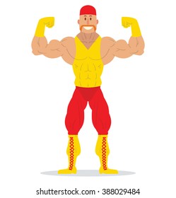 Vector cartoon image of a wrestler in a red bandana, red pants and yellow t-shirt, boots and gloves standing in a pose bodybuilder on a white background. Wrestling. Flat image. Vector illustration.