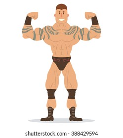 Vector cartoon image of a wrestler with tattoos in black shorts, knee pads and boots standing in the pose of a bodybuilder on a white background. Wrestling. Flat image. Vector illustration.