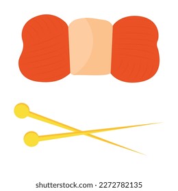 Vector cartoon image of yarn and knitting needles. An element in warm shades for your design. The concept of autumn comfort.