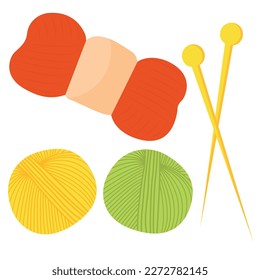 Vector cartoon image of yarn and knitting needles. An element in warm shades for your design. The concept of autumn comfort.