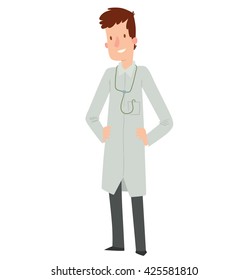 Vector cartoon image of a young doctor man with dark brown hair in white medical coat and black trousers with a stethoscope around his neck, standing and smiling on white background. Health, treatment