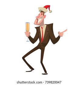 Vector cartoon image of a young man in a black suit and red Santa's hat, standing with a glass of champagne in hand and smiling on a white background. Corporate party, Christmas, New Year, office.